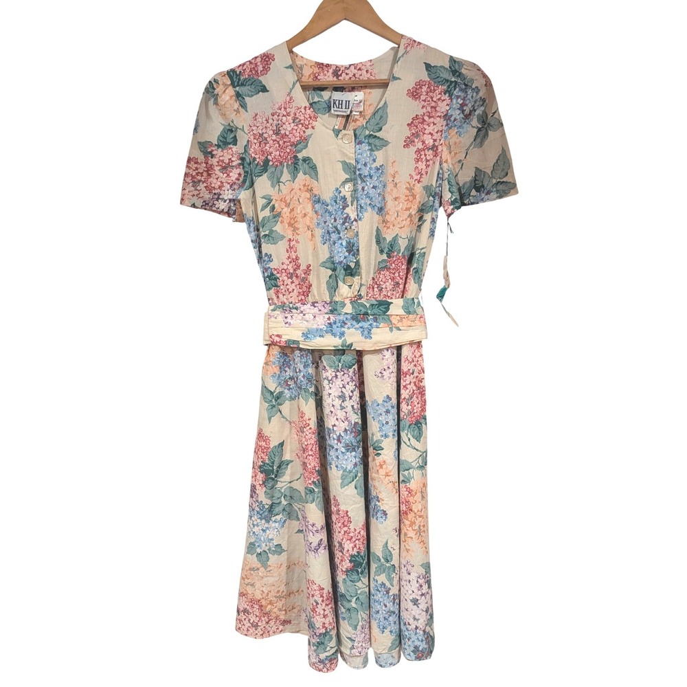 KH II Sportswear Floral Midi Dress 12 Cream Cotton‎ Hydrangea Belted Vintage USA